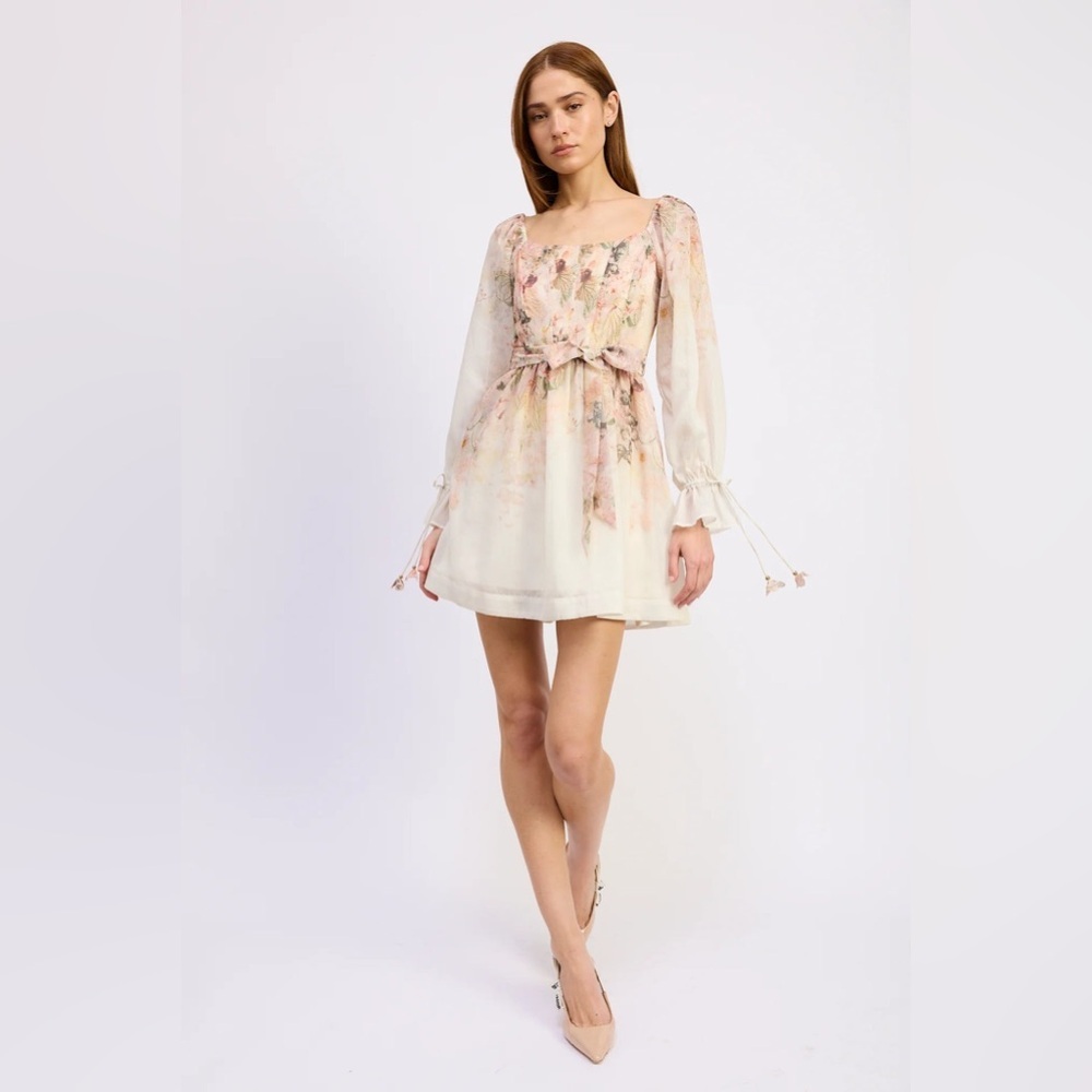 new En Saison Charlotte floral watercolor mini dress in ivory blush
